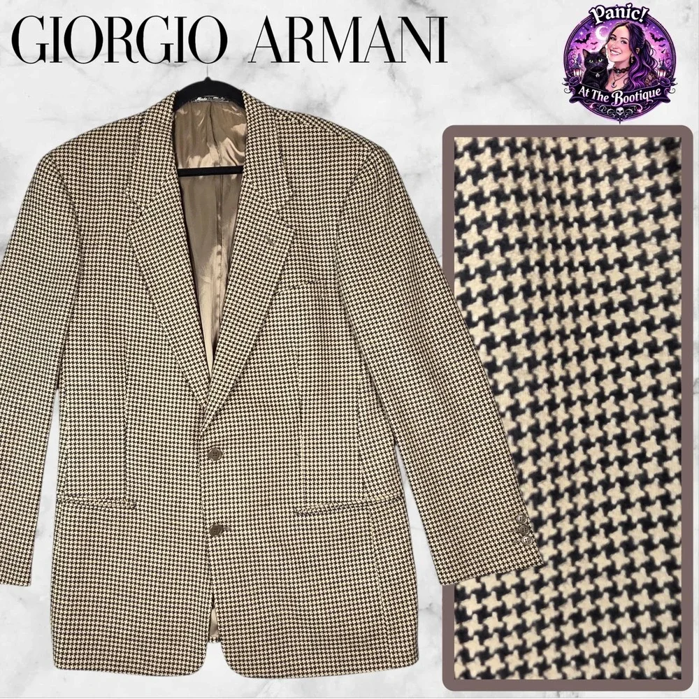 Giorgio‎ Armani Mani Blazer Mens 41L Tan Black Houndstooth Wool Italy Sport Coat